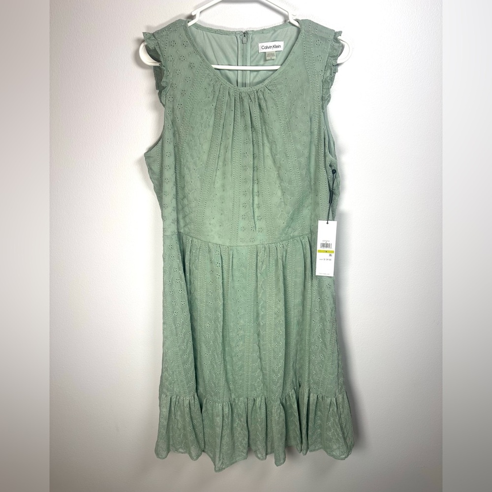 Calvin Klein Mint Green Dress eyelet lace size 14.